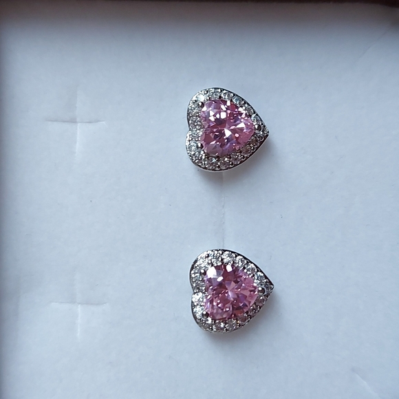 Jewelry - 925 Silver Pink Heart CZ Earrings